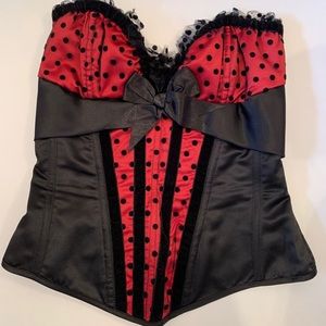 Red and Black corset w/ velvet polka dots & trim